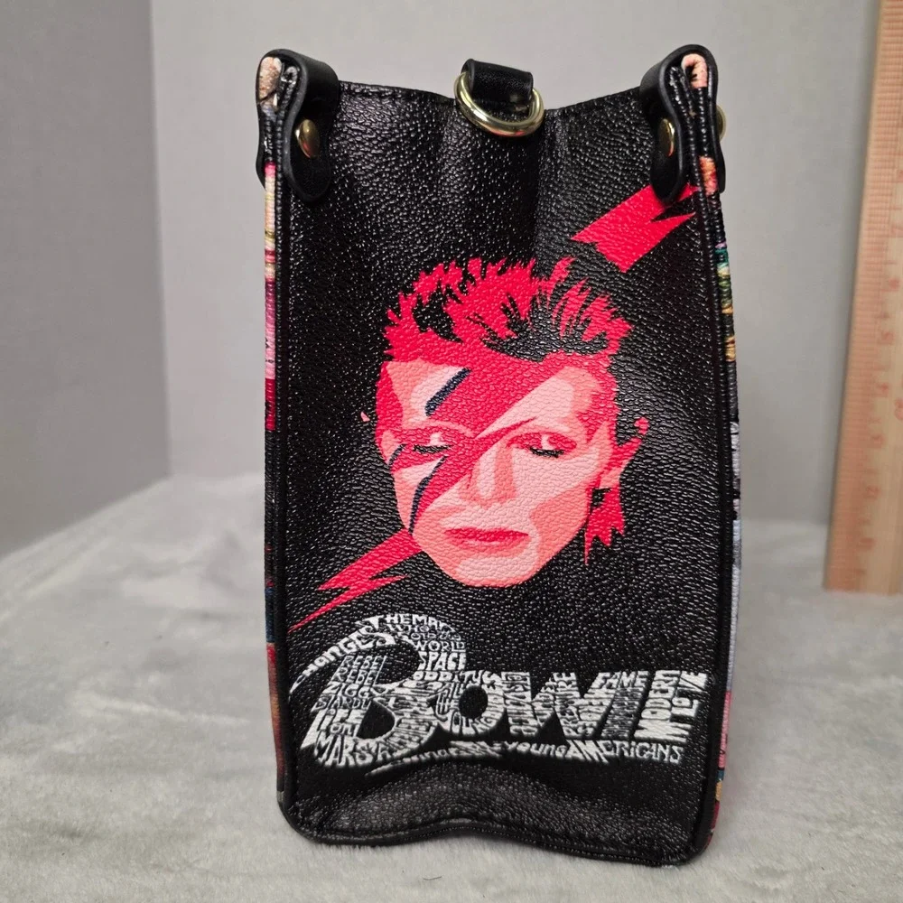 David Bowie Collage Print Satchel Bag Vegan Leather Music Icon Handbag Black